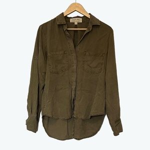 cloth & stone Olive Green Button Up Tab Sleeve Blouse, High-Low Hem, EUC, XS